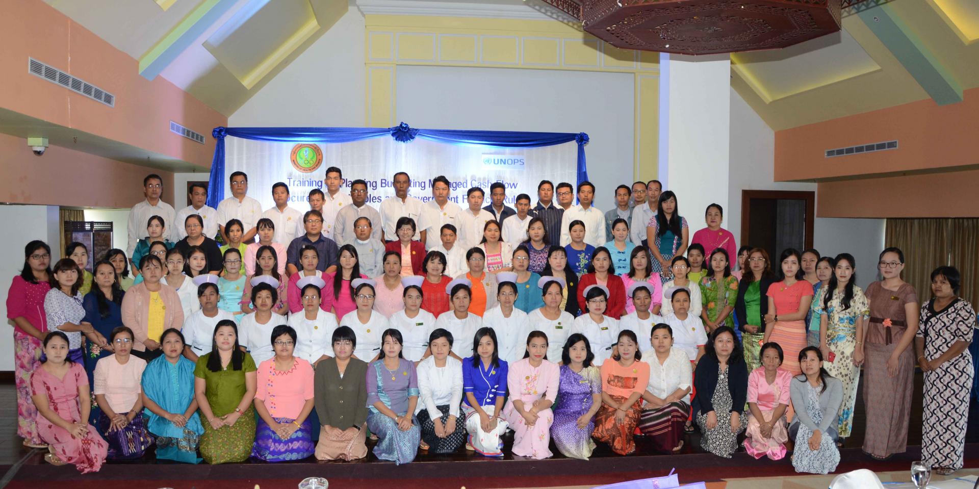 MOHS Yangon Regional Health Director Dr Tun Myint, together with participating government health staff and UNOPS-PR staff, at the last batch of the training, Yangon. Photo: UNOPS MOHS Yangon Regional Health Director Dr Tun Myint, together with participating government health staff and UNOPS-PR staff, at the last batch of the training, Yangon. Photo: UNOPS