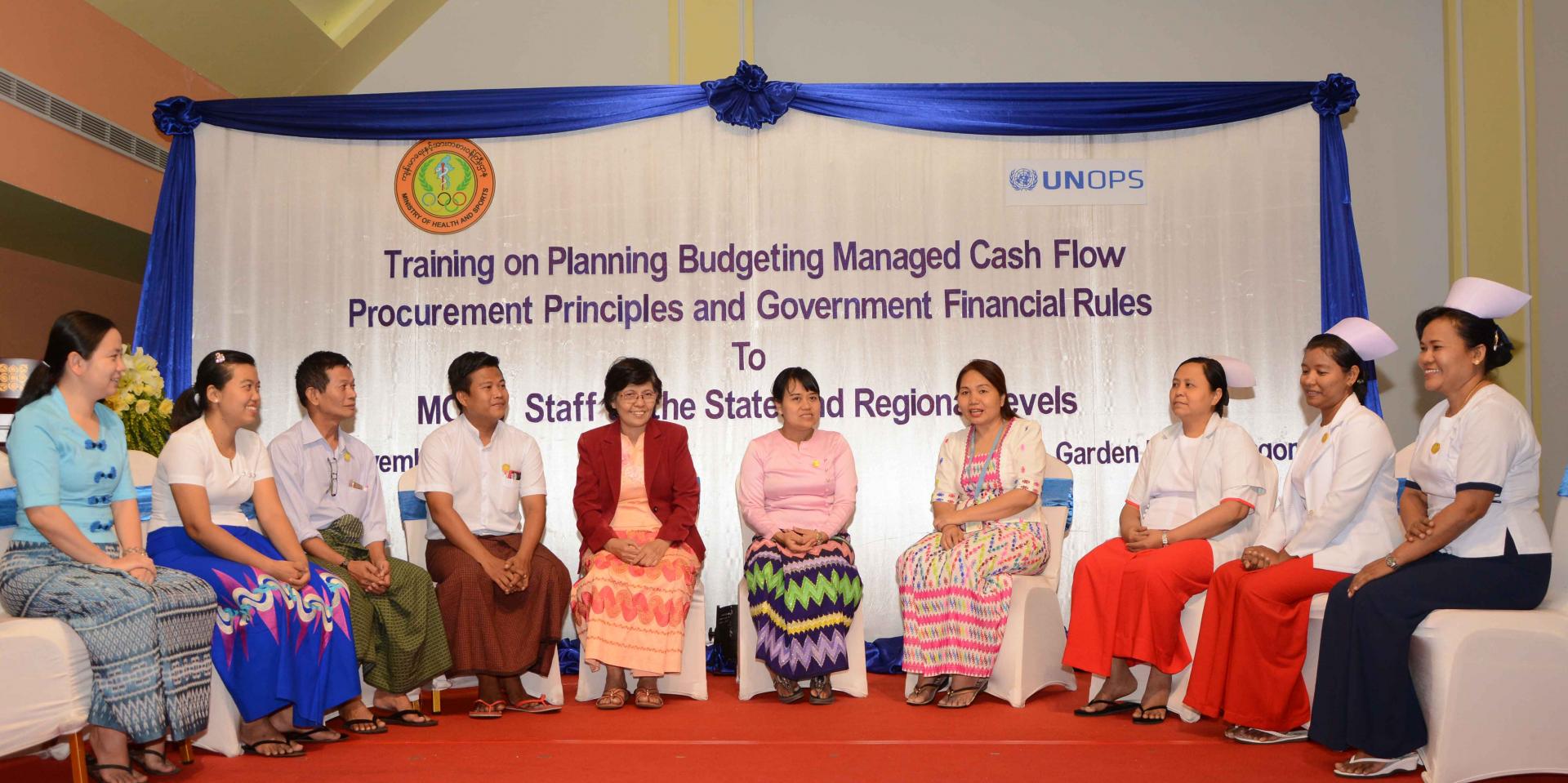Discussion forum in progress, chaired by Dr Khin Nan Lon, Deputy Director (Disease Control), Yangon Region Health Department, MOHS, at the end of a two-day training batch in Yangon. Photo: UNOPS Discussion forum in progress, chaired by Dr Khin Nan Lon, Deputy Director (Disease Control), Yangon Region, MOHS, at the end of the training in Yangon. Photo: UNOPS