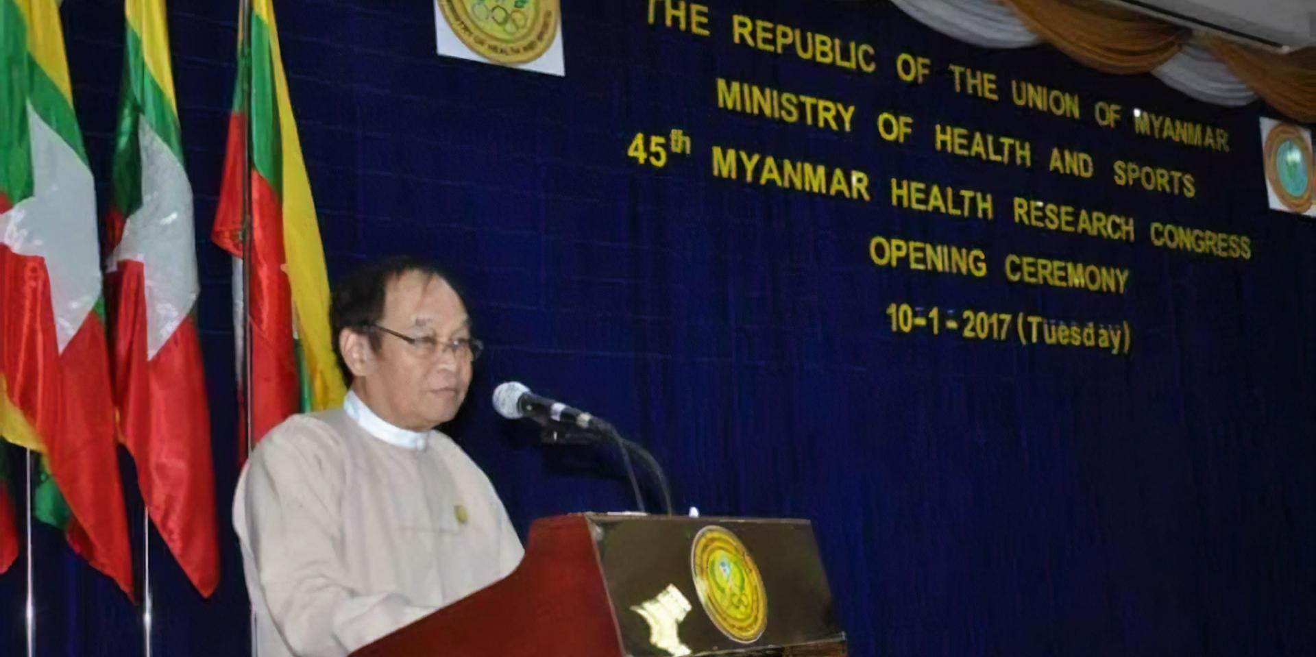 Union Minister for Health and Sports H.E Dr Myint Htwe delivers the opening speech for the 45th Myanmar Health Research Congress