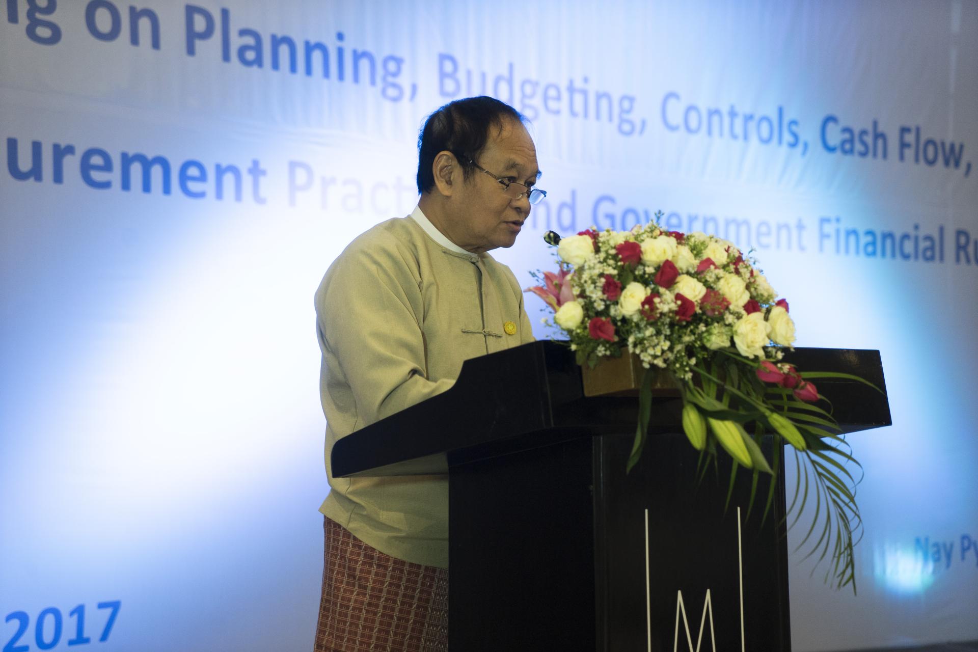 Union Minister for Health and Sports H.E. Dr Myint Htwe delivers the opening speech for the third batch of training on ‘Planning, Budgeting, Controls, Cash Flow, Good Procurement Practices and Government Financial Rules’, Nay Pyi Taw, 6 November 2017.