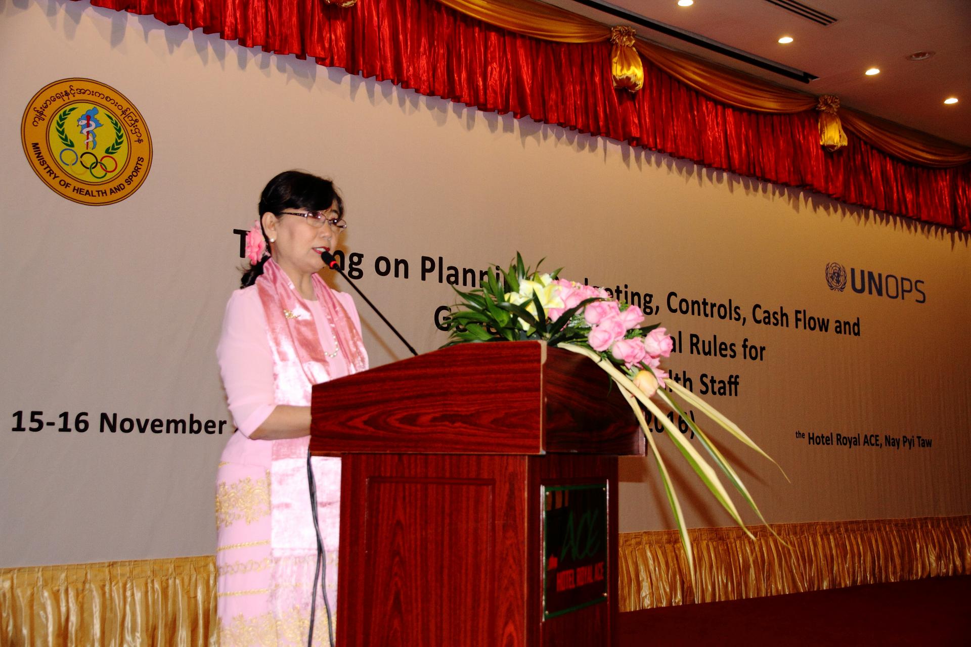 Dr Yin Thandar Lwin, Deputy Director General, Department of Public Health, Ministry of Health and Sports, delivers a speech at the opening session of the financial management training for government health staff, Nay Pyi Taw.