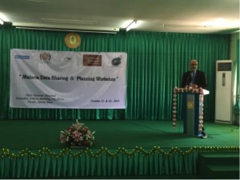 Dr Faisal Mansoor, Head of Programme Unit, UNOPS, delivers an opening speech at the malaria data sharing and planning workshop, Pa-An Township, Kayin State. Photo: UNOPS