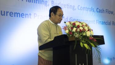 Union Minister for Health and Sports H.E. Dr Myint Htwe delivers the opening speech for the third batch of training on ‘Planning, Budgeting, Controls, Cash Flow, Good Procurement Practices and Government Financial Rules’, Nay Pyi Taw, 6 November 2017.