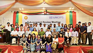 Deputy Director General Dr Thandar Lwin with responsible officers from the national programmes/MOHS, UNOPS and partners implementing the Global Fund TB grant, after the review meeting in Nay Pyi Taw, 2018.
